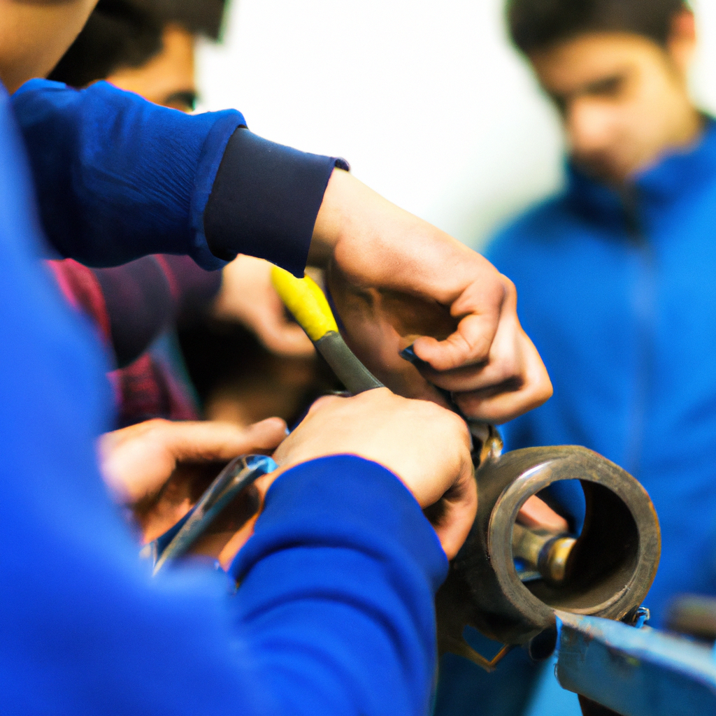 Atelier moderne: apprenants assemblant un kit avec outils, gros plan sur les mains et composants